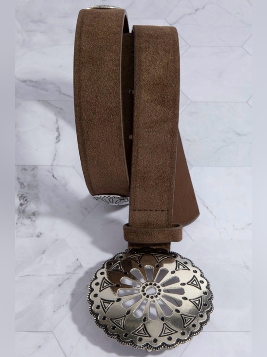 Boutique Brand Accessories - Women's Brown Suede Belt with Decorative Silver Concho Buckle